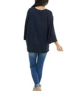 Umgee Navy Blue Ribbed Loose Top With Wide Sleeves