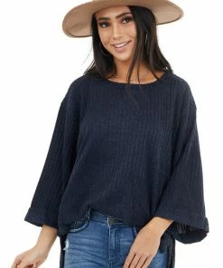 Umgee Navy Blue Ribbed Loose Top With Wide Sleeves