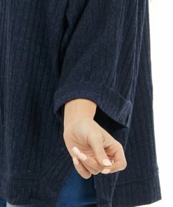Umgee Navy Blue Ribbed Loose Top With Wide Sleeves