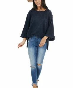 Umgee Navy Blue Ribbed Loose Top With Wide Sleeves
