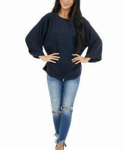 Umgee Navy Blue Ribbed Loose Top With Wide Sleeves