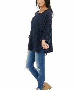 Umgee Navy Blue Ribbed Loose Top With Wide Sleeves