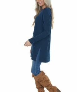 ZENANA Navy Blue Tunic Length Brushed Waffle Knit Top Tops