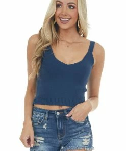 HYFVE Tops Navy Blue V Neck Sweater Knit Crop Tank Top