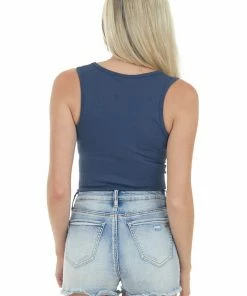 IJOAH Navy Blue Wide Ribbed Knit Tank Top Bodysuit Tops