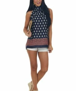 SugarFox Navy Bohemian Printed Halter Tie Woven Top