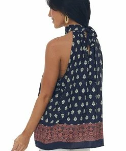 SugarFox Navy Bohemian Printed Halter Tie Woven Top