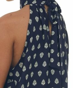 SugarFox Navy Bohemian Printed Halter Tie Woven Top