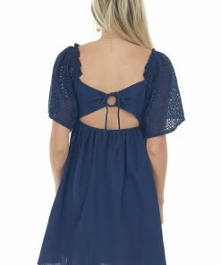 Umgee Dresses Navy Eyelet Lace Sleeve Smocked Babydoll Dress