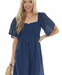 Umgee Dresses Navy Eyelet Lace Sleeve Smocked Babydoll Dress