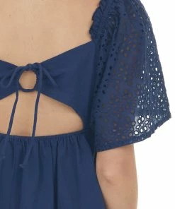 Umgee Dresses Navy Eyelet Lace Sleeve Smocked Babydoll Dress