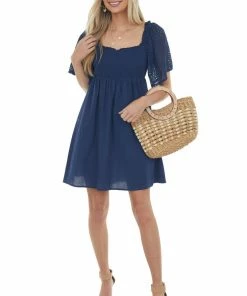 Umgee Dresses Navy Eyelet Lace Sleeve Smocked Babydoll Dress