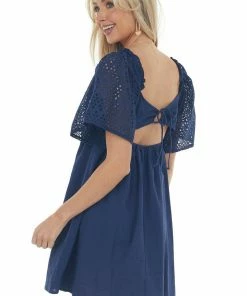 Umgee Dresses Navy Eyelet Lace Sleeve Smocked Babydoll Dress