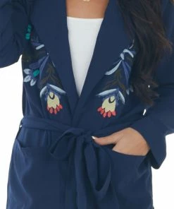 Davi & Dani Navy Floral Embroidered Open Midi Jacket Outerwear 25 Davi & Dani Navy Floral Embroidered Open Midi Jacket Outerwear