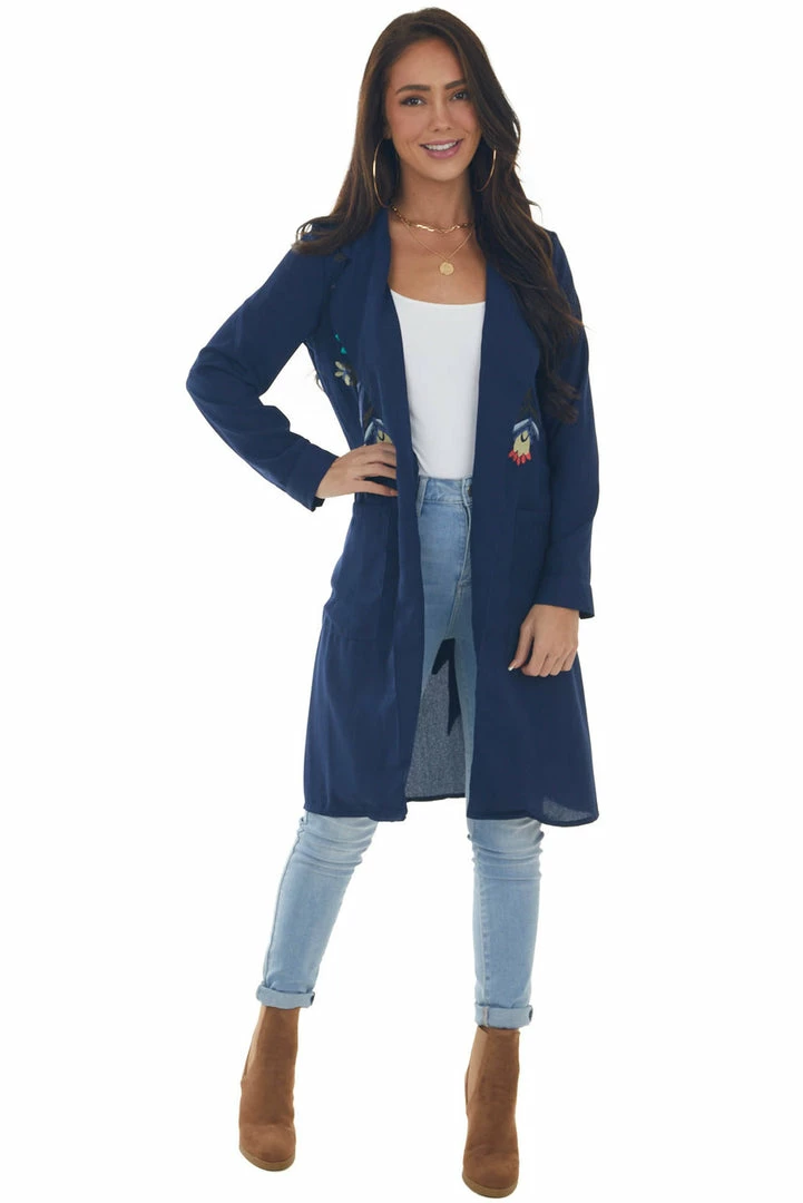Davi & Dani Navy Floral Embroidered Open Midi Jacket Outerwear 4 Davi & Dani Navy Floral Embroidered Open Midi Jacket Outerwear