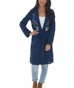 Davi & Dani Navy Floral Embroidered Open Midi Jacket Outerwear 22 Davi & Dani Navy Floral Embroidered Open Midi Jacket Outerwear