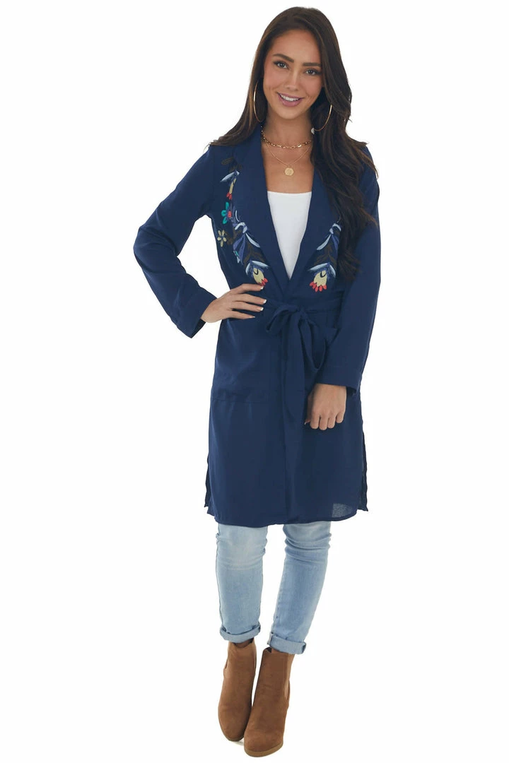 Davi & Dani Navy Floral Embroidered Open Midi Jacket Outerwear 7 Davi & Dani Navy Floral Embroidered Open Midi Jacket Outerwear