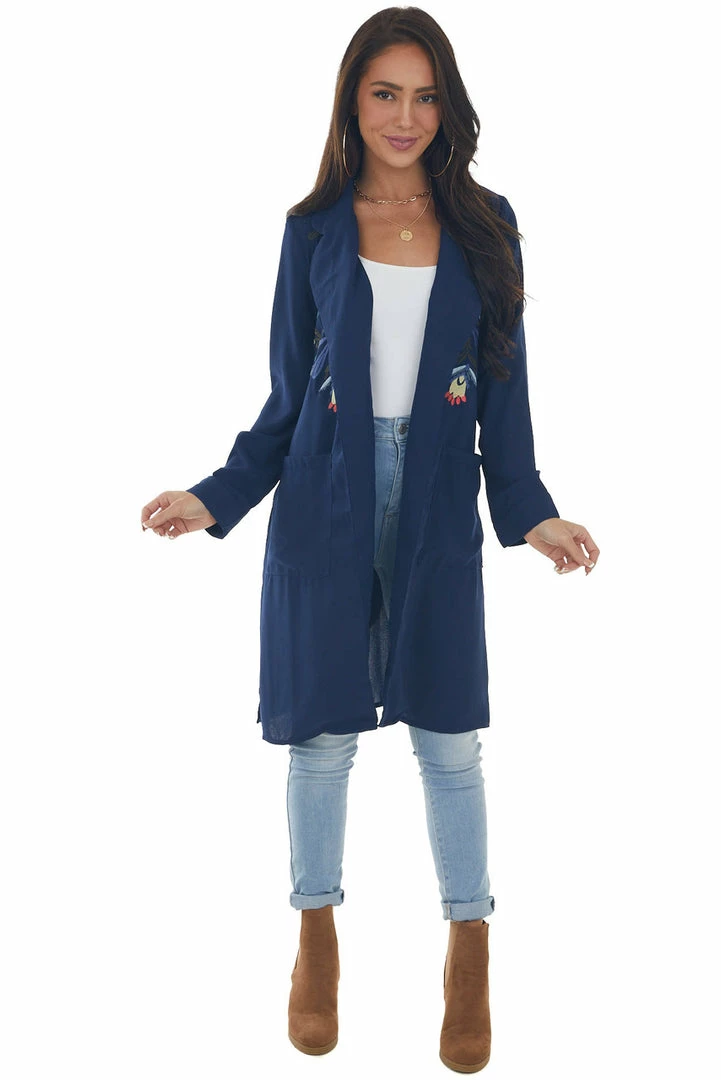 Davi & Dani Navy Floral Embroidered Open Midi Jacket Outerwear 5 Davi & Dani Navy Floral Embroidered Open Midi Jacket Outerwear