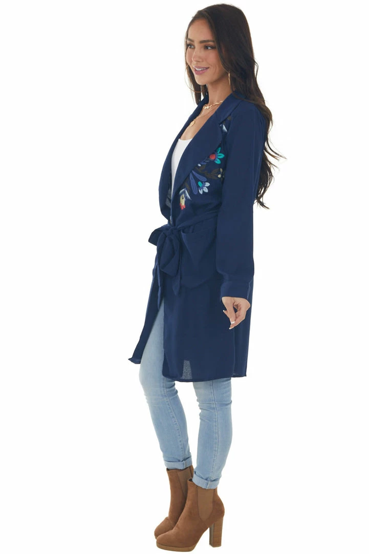 Davi & Dani Navy Floral Embroidered Open Midi Jacket Outerwear 8 Davi & Dani Navy Floral Embroidered Open Midi Jacket Outerwear