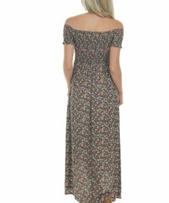 Sweet Lemon Navy Floral Off Shoulder Smocked Maxi Dress Dresses