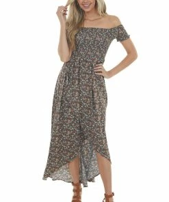 Sweet Lemon Navy Floral Off Shoulder Smocked Maxi Dress Dresses
