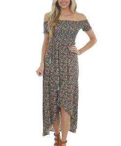 Sweet Lemon Navy Floral Off Shoulder Smocked Maxi Dress Dresses