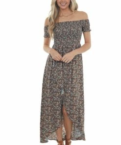 Sweet Lemon Navy Floral Off Shoulder Smocked Maxi Dress Dresses