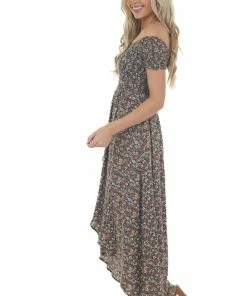 Sweet Lemon Navy Floral Off Shoulder Smocked Maxi Dress Dresses