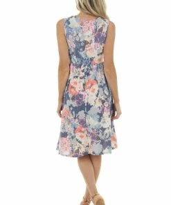 Vanilla Bay Dresses Navy Floral Print Drop Waist Sleeveless Short Knit Dress