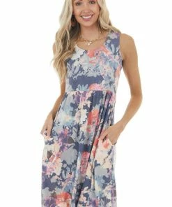 Vanilla Bay Dresses Navy Floral Print Drop Waist Sleeveless Short Knit Dress