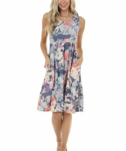 Vanilla Bay Dresses Navy Floral Print Drop Waist Sleeveless Short Knit Dress