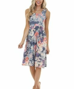 Vanilla Bay Dresses Navy Floral Print Drop Waist Sleeveless Short Knit Dress