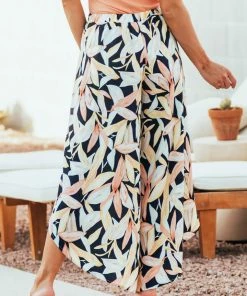 Cozy Co. Navy Floral Print Front Tie Woven Wrap Pants Bottoms