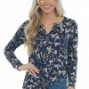 Staccato Navy Floral Print Notch Neck Ribbed Knit Top Tops