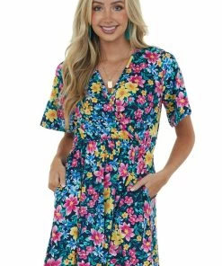 Vanilla Bay Navy Floral Print Surplice Knit Short Dress Dresses