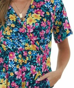 Vanilla Bay Navy Floral Print Surplice Knit Short Dress Dresses