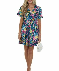 Vanilla Bay Navy Floral Print Surplice Knit Short Dress Dresses