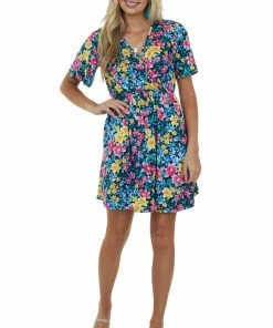Vanilla Bay Navy Floral Print Surplice Knit Short Dress Dresses