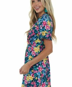 Vanilla Bay Navy Floral Print Surplice Knit Short Dress Dresses