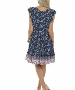 Umgee Navy Floral Print V Neck Tiered Short Dress Dresses