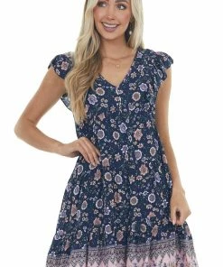 Umgee Navy Floral Print V Neck Tiered Short Dress Dresses