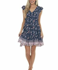 Umgee Navy Floral Print V Neck Tiered Short Dress Dresses