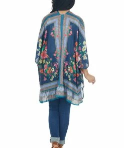 Umgee Tops Navy Floral Short Sleeve Open Front Kimono