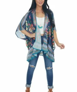 Umgee Tops Navy Floral Short Sleeve Open Front Kimono