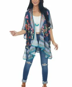 Umgee Tops Navy Floral Short Sleeve Open Front Kimono