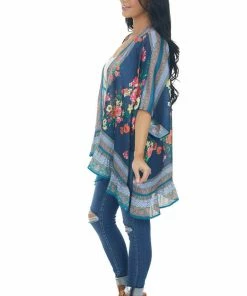 Umgee Tops Navy Floral Short Sleeve Open Front Kimono
