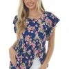 Haptics Navy Floral Soft Short Sleeve Babydoll Top