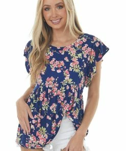 Haptics Navy Floral Soft Short Sleeve Babydoll Top