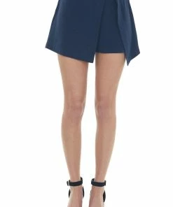 Umgee Navy Linen Side Slit Button Closure Skort