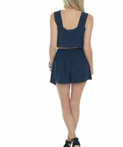 Umgee Tops Navy Linen Square Neck Cropped Tank Top